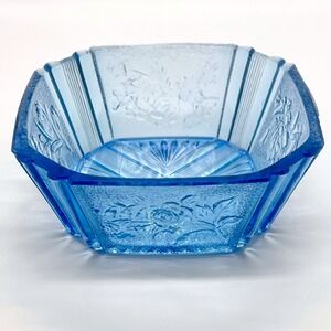 Vintage Blue Pressed Glass Candy Dish Floral Panel Sides Octagon Bowl Art Deco